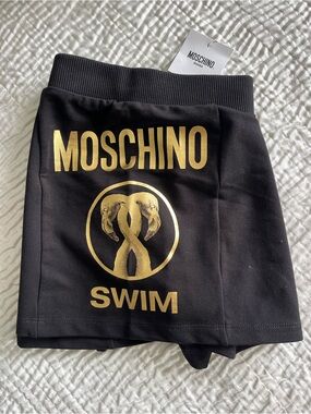 Moschino Black shorts with Gold Logo and flamingo design